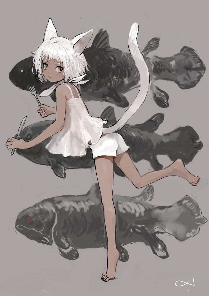 absurdres animal_ears bare_legs barefoot brown_eyes camisole cat_ears cat_girl cat_tail dark-skinned_female dark_skin female fish fork from_behind grey_background highres knife leg_up original short_hair shorts solo tail tsumetai_(tsurunoka) white_camisole white_hair white_shorts