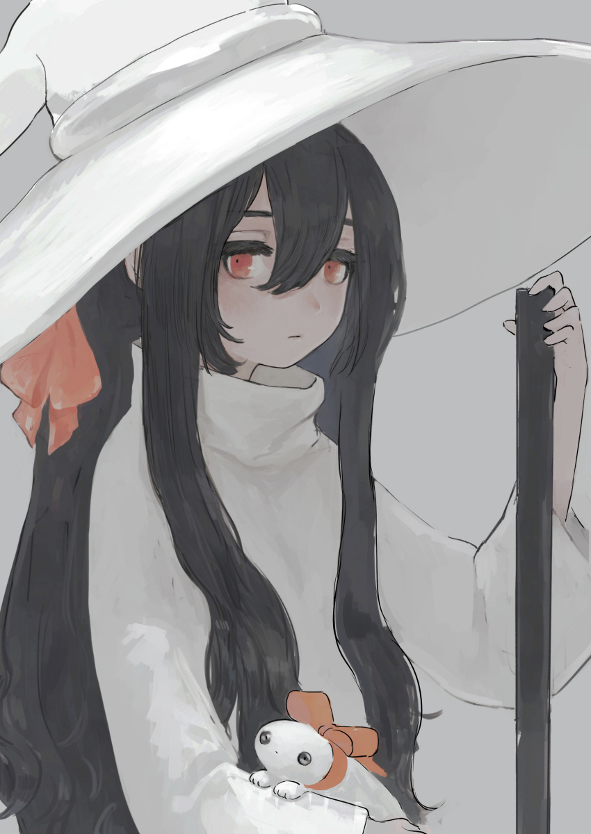 absurdres black_hair blush creature dress female gregor_(tsurunoka) grey_background hair_between_eyes hair_ribbon hat highres lead_white_(tsurunoka) long_hair long_sleeves original red_eyes red_ribbon ribbon simple_background solo tsumetai_(tsurunoka) upper_body white_dress white_hat witch_hat