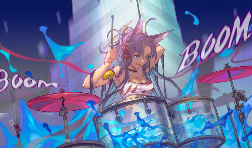 :d absurdres ahoge arknights bare_arms bare_shoulders blaze_(arknights) blaze_(burst_feline)_(arknights) blue_eyes chinese_commentary commentary_request crop_top drum drum_set drumsticks female highres holding holding_drumsticks instrument long_hair md5_mismatch messy_hair midriff official_alternate_costume open_mouth purple_hair rui_(gsr1982) smile solo tank_top very_long_hair white_tank_top