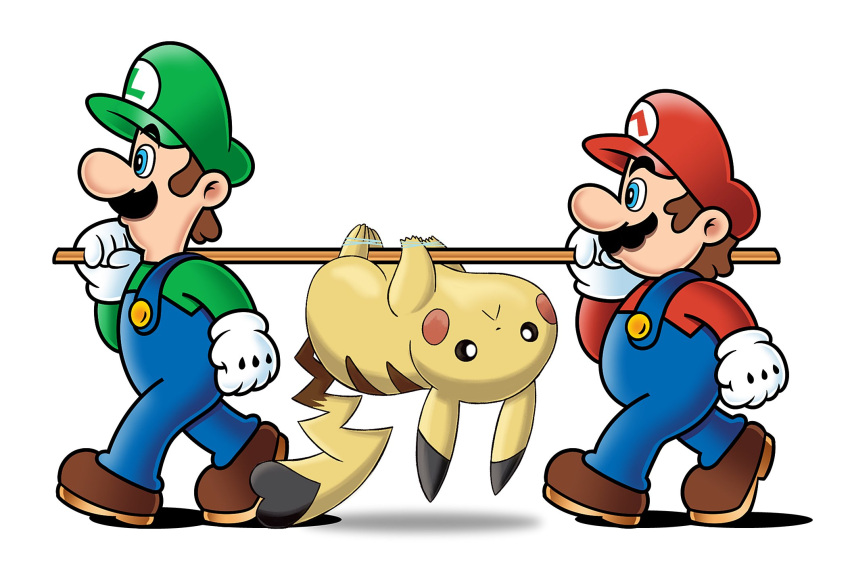 2boys blue_eyes blue_pants bound brothers brown_footwear commentary crossover doc_shoddy english_commentary facial_hair from_side full_body gloves green_headwear green_shirt hat highres holding holding_stick looking_at_viewer looking_to_the_side luigi mario mario_(series) moustache multiple_boys pants pikachu pokemon pokemon_(creature) red_headwear red_shirt shadow shirt siblings simple_background standing stick sugimori_ken_(style) tied_up_(nonsexual) upside-down walking white_background white_gloves