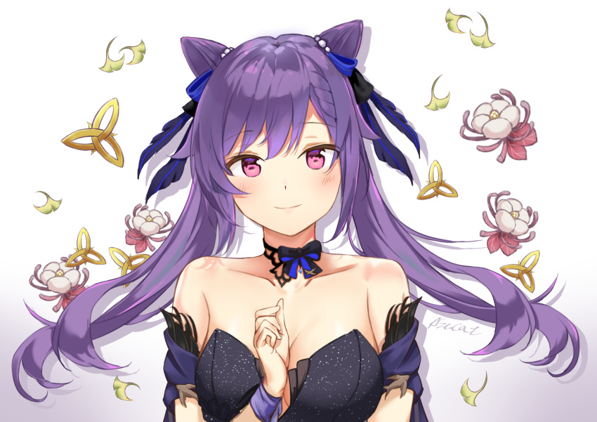 absurdres bad_id bad_pixiv_id bare_shoulders black_dress breasts captain_yina chinese_commentary choker cleavage closed_mouth commentary_request cone_hair_bun double_bun dress female flower genshin_impact hair_bun hand_up highres keqing_(genshin_impact) keqing_(opulent_splendor)_(genshin_impact) long_hair looking_at_viewer off-shoulder_dress off_shoulder official_alternate_costume purple_eyes purple_hair short_sleeves smile solo twintails upper_body