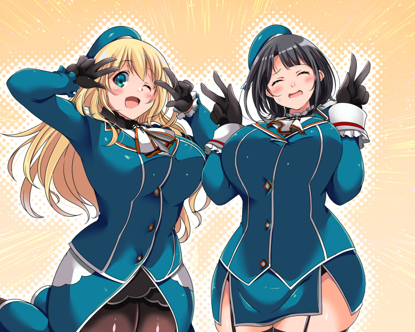 2girls ;d ascot atago_(kancolle) beret black_gloves black_hair black_pantyhose black_skirt black_thighhighs blonde_hair blue_headwear blue_skirt breasts commentary_request cowboy_shot double_v facing_viewer garter_straps gloves hat highres kantai_collection kurokaze_no_sora large_breasts long_hair military military_uniform miniskirt multiple_girls one_eye_closed open_mouth pantyhose short_hair side_slit skirt smile takao_(kancolle) thighhighs uniform v white_ascot wide_hips yellow_background