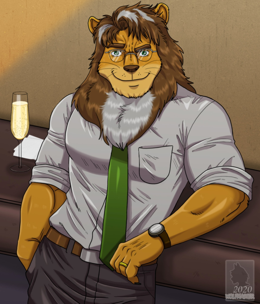 anthro beverage clothing eyewear felid glasses hi_res lion male mammal pantherine solo wolfmaster