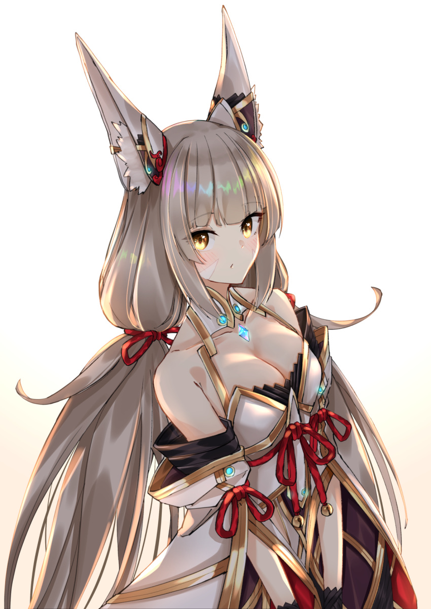 animal_ears bare_shoulders breasts chest_jewel cleavage detached_sleeves facial_mark female grey_hair highres large_breasts leotard long_hair low_twintails medium_breasts nia_(blade)_(xenoblade) nia_(xenoblade) sarasadou_dan simple_background solo spoilers twintails very_long_hair white_background xenoblade_chronicles_(series) xenoblade_chronicles_2 yellow_eyes