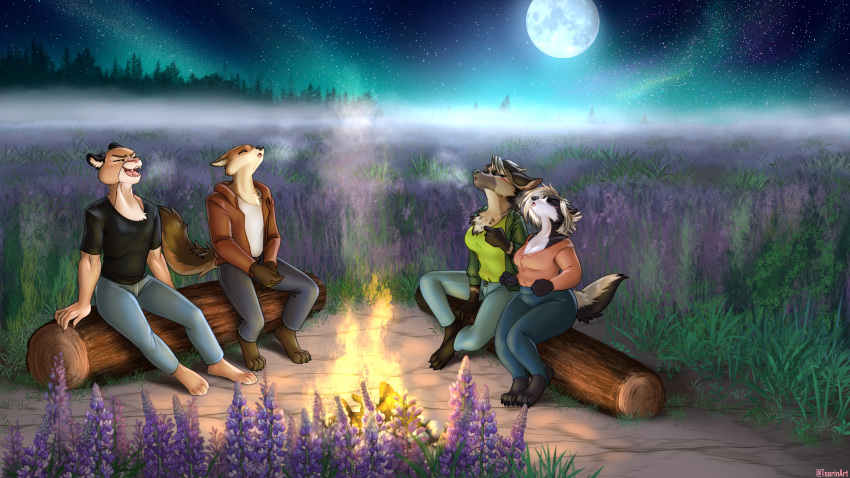 16:9 4k absurd_res anthro badger canid canine canis clothed clothing coyote detailed_background female fireplace flower fog fully_clothed grabbing_hands group hi_res honey_badger howl hyena light lupine_(flower) male mammal moon moonlight mustelid musteline night plant striped_hyena trunk tsarinart widescreen yowl