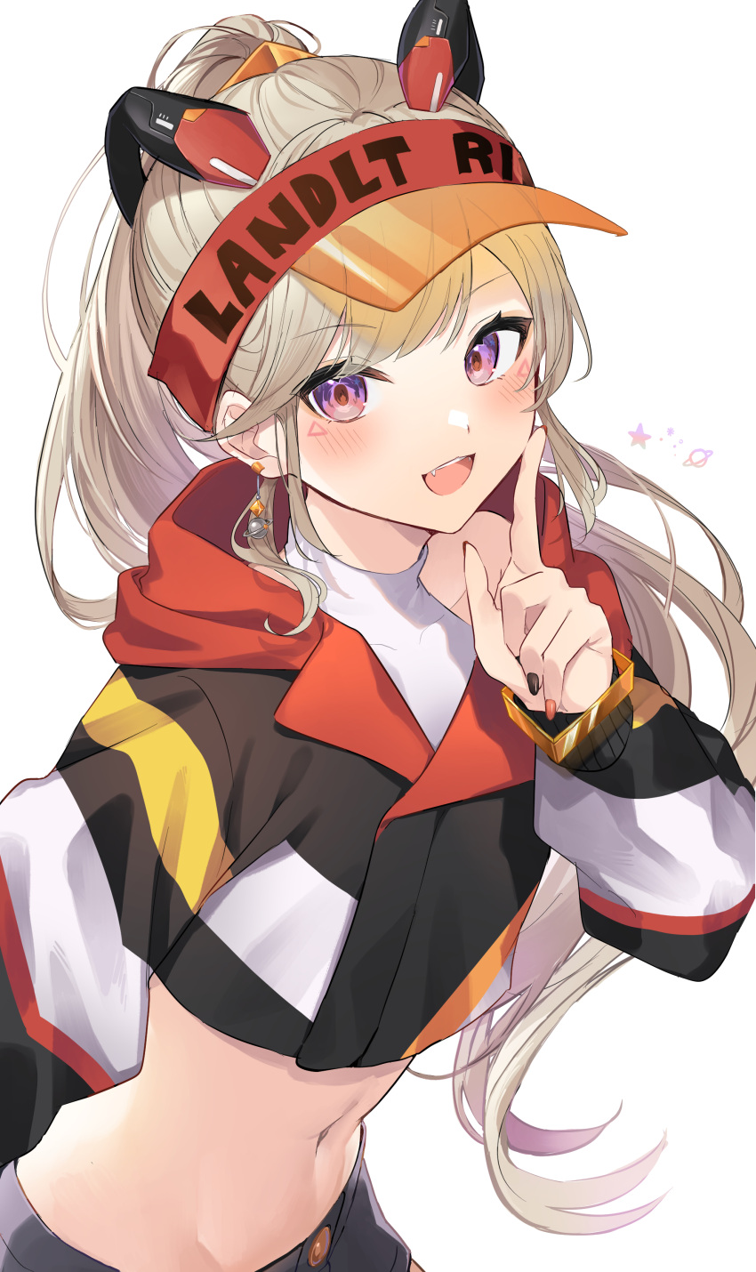 :d absurdres animal_ears black_jacket black_shorts crop_top cropped_jacket earrings fake_animal_ears fangs female grey_hair hand_up highres index_finger_raised jacket jewelry komori_met komori_met_(2nd_costume) leaning_forward long_hair long_sleeves looking_at_viewer midriff nanashi_inc. navel ponytail purple_eyes revealing_clothes shirt short_shorts shorts simple_background sleeveless sleeveless_shirt smile solo standing stomach upper_body v_ap_art very_long_hair virtual_youtuber visor_cap white_background white_shirt yuzutouhu_ika