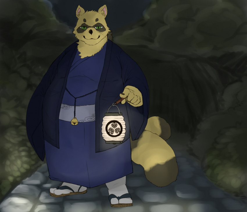 2016 anthro belly big_belly brown_body brown_fur canid canine clothing detailed_background donguri fur green_eyes humanoid_hands kemono male mammal night outside overweight overweight_male raccoon_dog robe sengoku_puzzle solo tanuki tokugawa_ieyasu