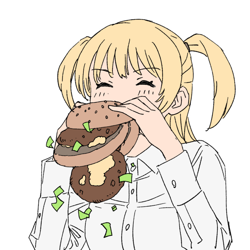 ^_^ akebi-chan_no_serafuku big_mac blonde_hair burger burger_malfunction closed_eyes commentary double-decker_hamburger_bun dress_shirt eating failure female food highres kizaki_erika long_hair onsen_tamago_(hs_egg) shirt solo two_side_up upper_body white_background