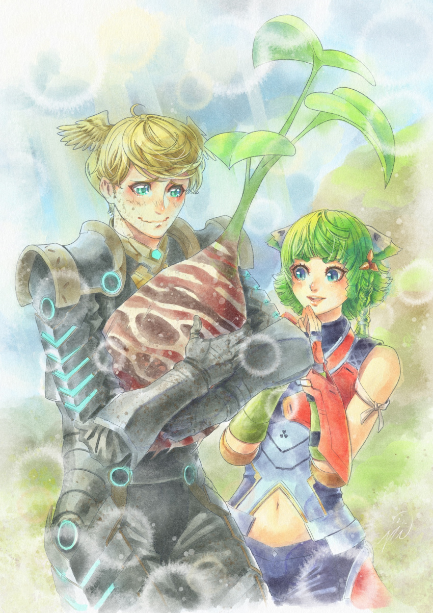 1boy 1other animal_ears armor blonde_hair blush cat_ears clothing_cutout food green_hair head_wings highres holding holding_food holding_vegetable juniper_(xenoblade) looking_at_another navel_cutout potato short_hair vegetable vvbert wavy_mouth wings xenoblade_chronicles_(series) xenoblade_chronicles_3 zeon_(xenoblade)