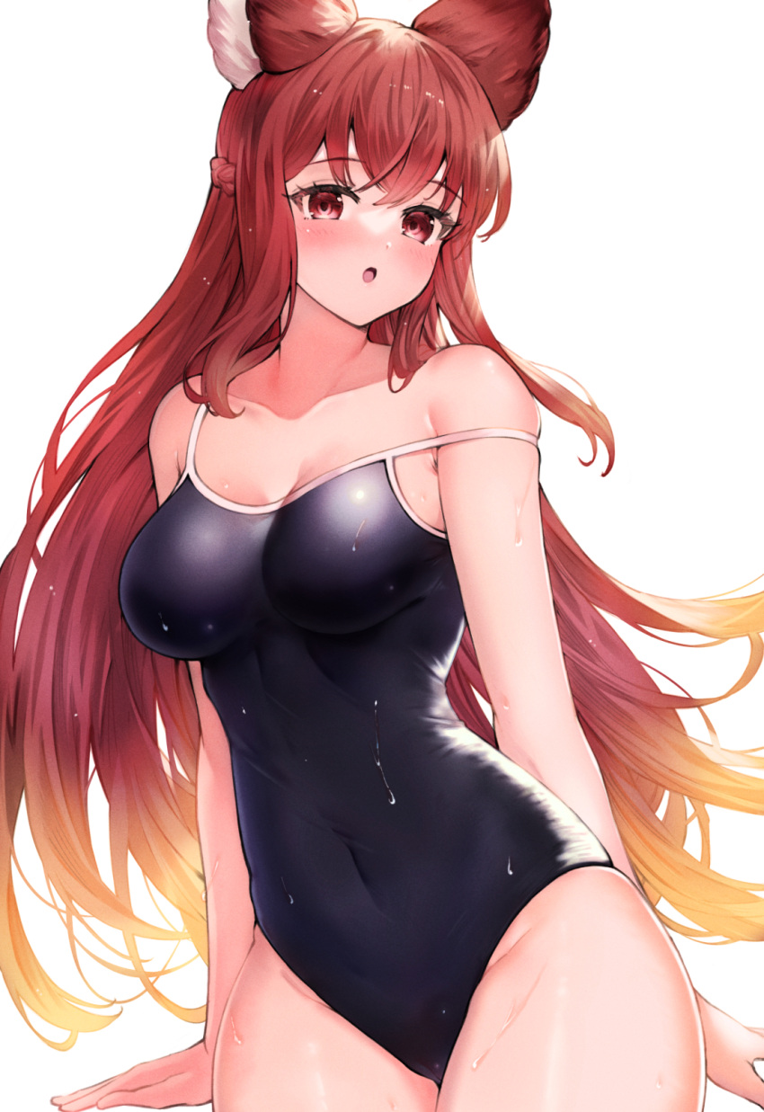 :o anthuria bad_id bad_pixiv_id blonde_hair blue_one-piece_swimsuit breasts erune female gradient_hair granblue_fantasy highres koretsuki_azuma large_breasts long_hair looking_at_viewer multicolored_hair off_shoulder one-piece_swimsuit red_eyes red_hair revision simple_background solo swimsuit wet wet_clothes wet_swimsuit white_background