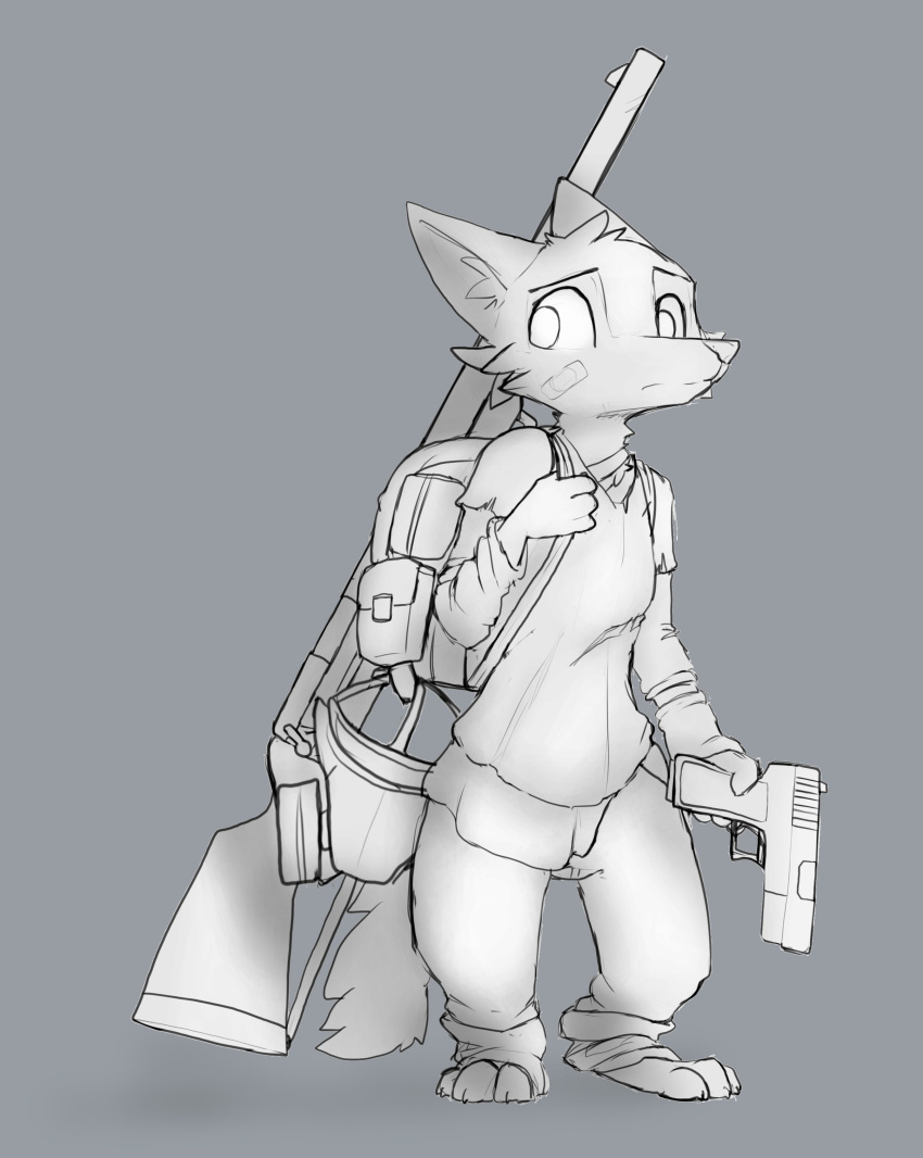 2020 absurd_res anthro backpack band-aid bandage barefoot canid canine cheek_tuft clothed clothing facial_tuft feet fox fully_clothed fur grey_background gun head_tuft hi_res holding_gun holding_object holding_ranged_weapon holding_weapon inner_ear_fluff mammal monochrome ranged_weapon rifle simple_background solo standing tuft weapon zhanbow