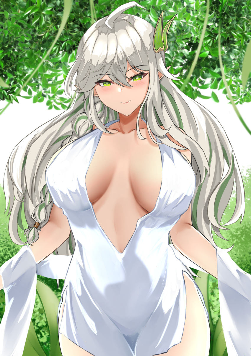 absurdres breasts bush cross-shaped_pupils dress female genshin_impact gradient_hair grass green_eyes green_hair hair_ornament highres large_breasts leaf_hair_ornament long_hair multicolored_hair plunging_neckline pointy_ears rukkhadevata_(genshin_impact) side_ponytail sleeveless sleeveless_dress symbol-shaped_pupils tian_kazuki tree white_dress white_hair