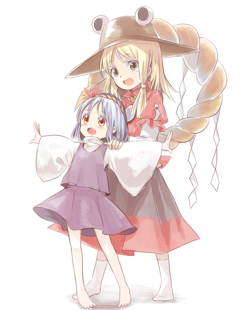 2girls :d aged_down barefoot behind_another blonde_hair blue_hair brown_eyes commentary_request cosplay costume_switch hair_ornament hands_on_another's_shoulders hat highres layered_sleeves leaf_hair_ornament long_sleeves looking_at_viewer medium_hair mirror moriya_suwako multiple_girls open_mouth puffy_short_sleeves puffy_sleeves purple_skirt purple_vest red_eyes red_shirt rope shide shimenawa shirt short_hair short_sleeves sidelocks simple_background skirt smile tatuhiro touhou vest white_background white_legwear wide_sleeves yasaka_kanako