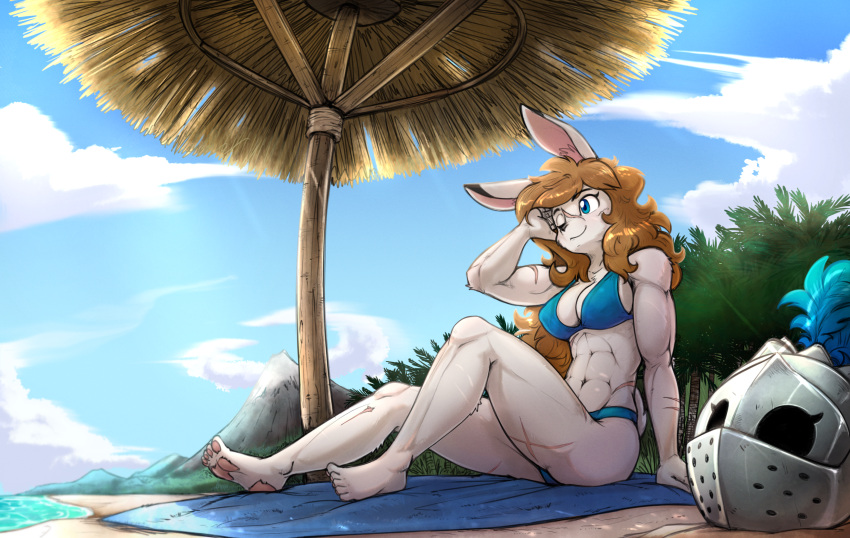 abs aleanora anthro armor armorbun beach biceps bikini breasts brown_hair clothed clothing cloud digital_media_(artwork) female fur hair headgear helmet hi_res inner_ear_fluff lagomorph leporid long_hair mammal muscular muscular_anthro muscular_female otakuap parasol rabbit scar seaside sitting sky smile solo swimwear tuft white_body white_fur