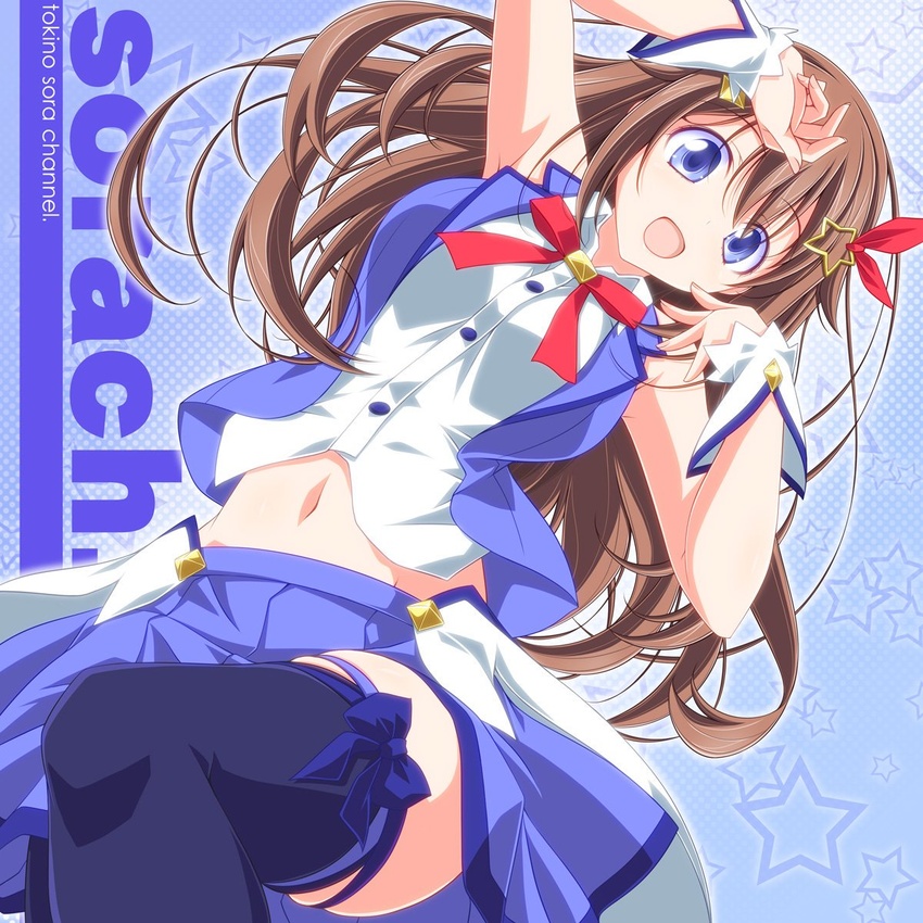 :d arm_up black_thighhighs blue_background blue_eyes blue_jacket blue_skirt blue_thighhighs blue_vest bow_legwear breasts brown_hair collared_shirt commentary copyright_name crop_top cropped_shirt cropped_vest english_text female from_above hair_flaps hair_ornament hair_ribbon hairclip head_tilt highres hololive jacket kikuchi_tsutomu large_breasts leg_ribbon long_hair looking_at_viewer lying midriff miniskirt neck_ribbon on_back open_mouth overskirt pleated_skirt polka_dot polka_dot_background red_ribbon ribbon shirt skirt sleeveless sleeveless_jacket sleeveless_shirt smile solo star_(symbol) star_hair_ornament starry_background text_background thigh_ribbon thighhighs tokino_sora tokino_sora_(1st_costume) vest virtual_youtuber waist_cape white_shirt wrist_cuffs