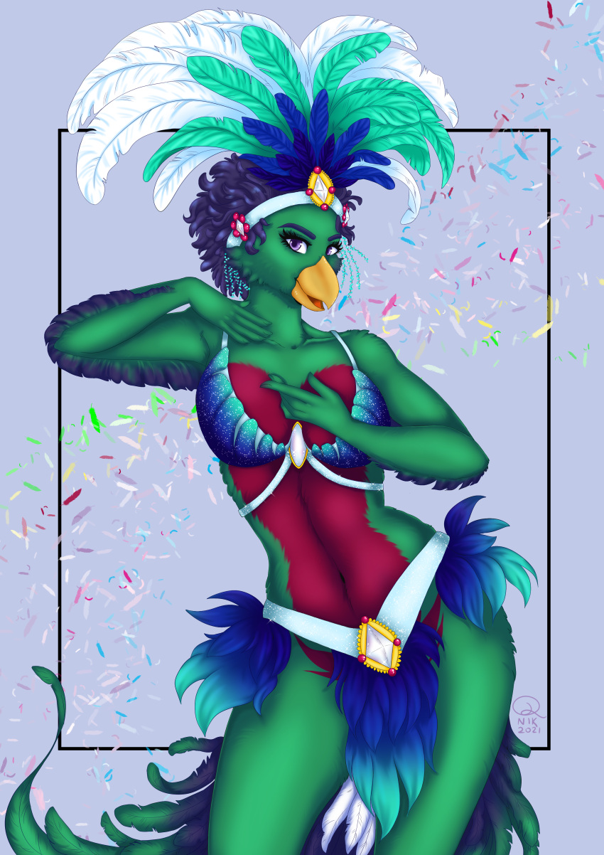 absurd_res anthro avian bird dyed_fur feather_hair feathers female green_body hi_res nennau pseudo_hair purple_eyes q-nik quetzal red_body resplendent_quetzal samba_outfit solo trogonid