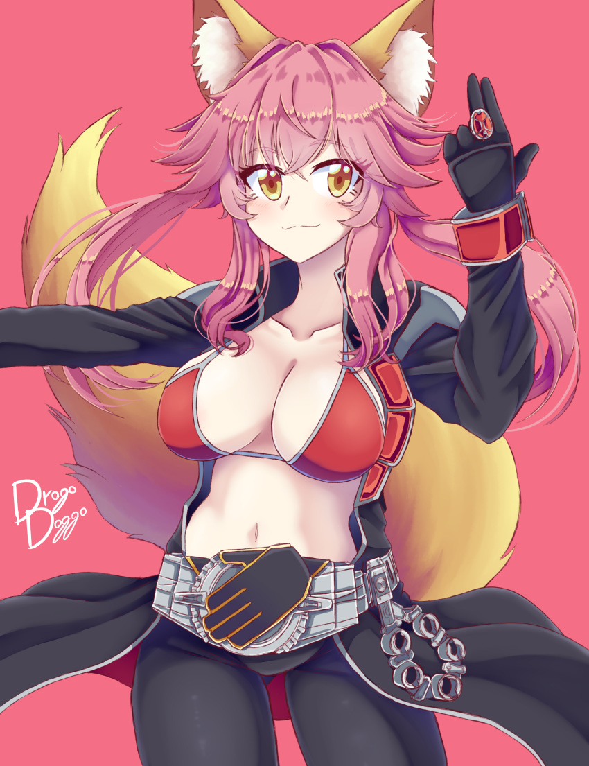 absurdres animal_ear_fluff animal_ears black_gloves blush bra breasts collarbone drogo_doggo fate/extra fate/grand_order fate_(series) female fox_ears fox_girl fox_tail gloves highres kamen_rider kamen_rider_wizard_(series) large_breasts long_hair navel pink_background pink_hair red_bra simple_background smile solo spanish_commentary split_ponytail tail tamamo_(fate) tamamo_no_mae_(fate/extra) underwear yellow_eyes