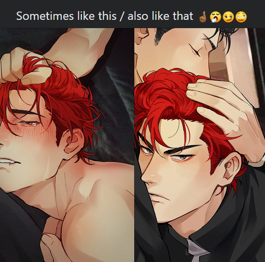 2boys black_hair black_jacket blush closed_eyes closed_mouth couple crying crying_with_eyes_open emoji english_text grabbing_another's_hair highres hug implied_anal implied_sex jacket male_focus meme mito_youhei multiple_boys red_hair sakuragi_hanamichi shigeru13sd short_hair slam_dunk_(series) sometimes_like_this/also_like_that_(meme) tears teeth upper_body yaoi