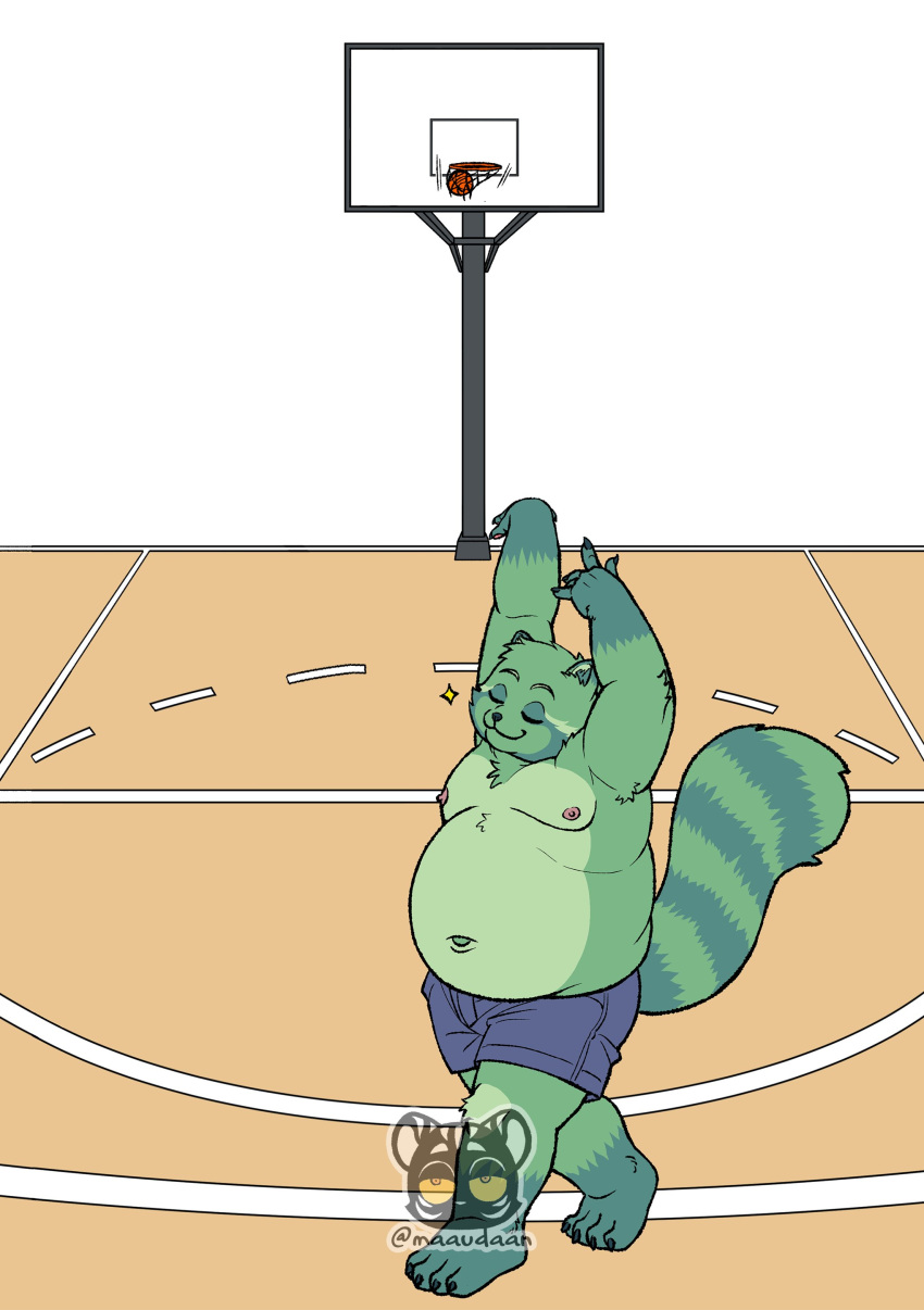 4_toes 5_fingers absurd_res anthro ball basketball basketball_(ball) basketball_court basketball_hoop basketball_net bottomwear claws closed_eyes clothing digital_media_(artwork) feet fingers fred_(fredrick_brennan) fur green_body green_fur hi_res maaudaan_tg male mammal mouth_closed navel nipples overweight overweight_anthro overweight_male procyonid raccoon shorts simple_background solo sport standing throwing toe_claws toes white_background