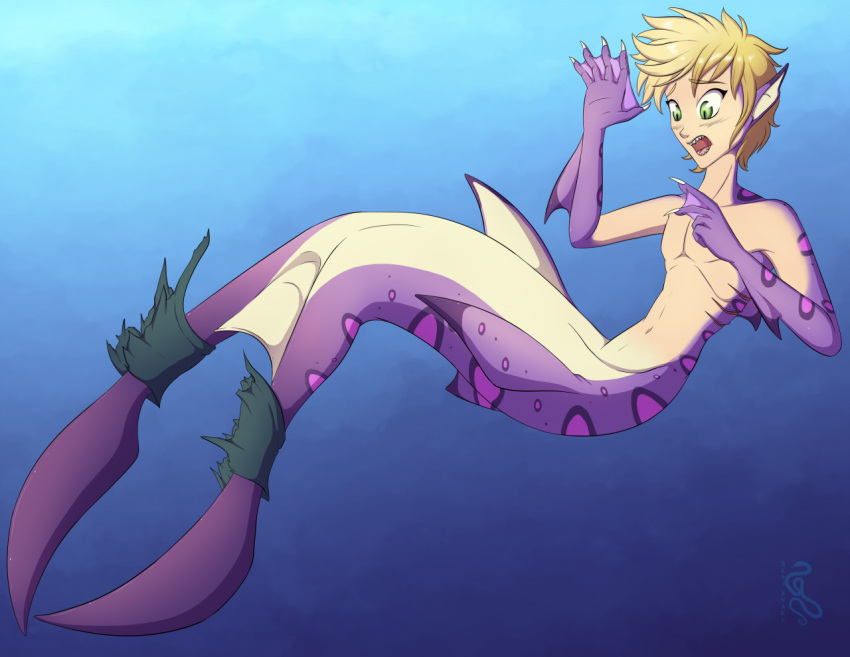 2021 5_fingers digital_media_(artwork) fingers green_eyes hair male marine merfolk mershark mid_transformation open_mouth purple_body sepisnake solo species_transformation split_form surprise teeth tongue transformation underwater water