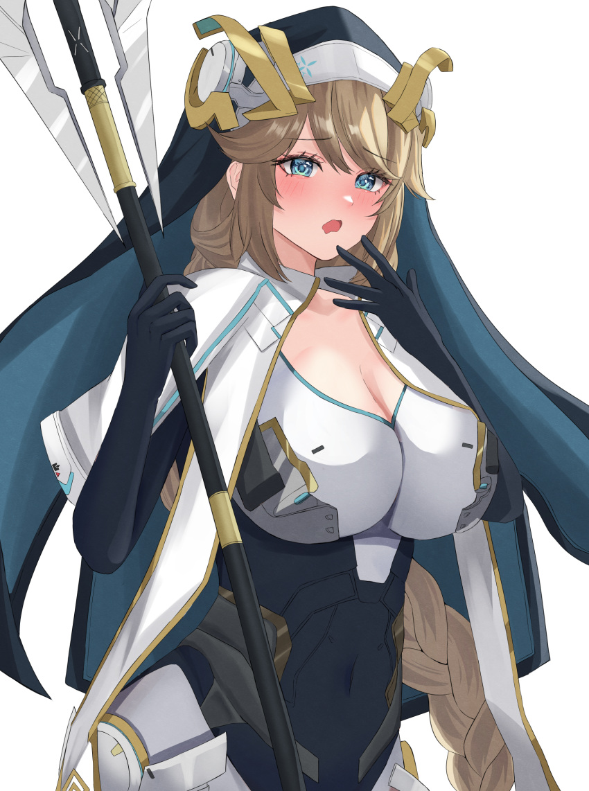 armored_bodysuit black_gloves blonde_hair blue_eyes blush bodysuit braid breasts cleavage dress female gloves goddess_of_victory:_nikke habit highres holding holding_staff large_breasts long_hair looking_at_viewer nun open_mouth peli_cantaro rapunzel_(nikke) solo staff standing very_long_hair