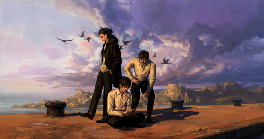 3boys bandages bird black_pants cloud coat collared_shirt envie_p1 eren_kruger eren_yeager facial_hair grisha_yeager highres hood hooded_coat male_focus mountain multiple_boys open_clothes open_coat outdoors painterly pants scene_reference shadow shingeki_no_kyojin shirt sitting spoilers standing stubble sunlight walking water