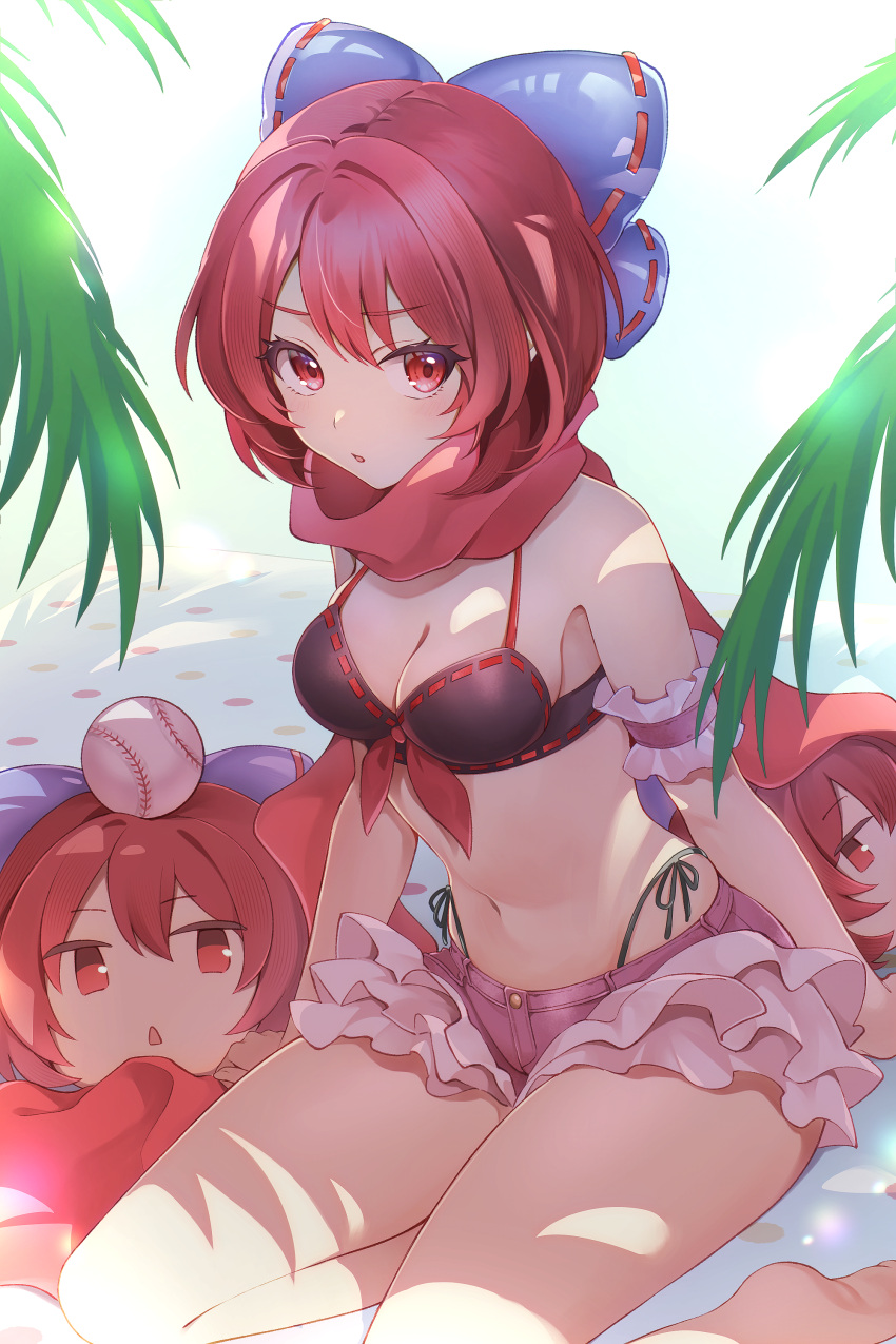 absurdres barefoot bikini black_bikini blue_bow blush bow breasts cleavage commentary_request disembodied_head female hair_between_eyes hairbow highres looking_at_viewer medium_breasts navel parted_lips pink_shorts red_eyes red_hair red_scarf scarf sekibanki sekibanki_(dullahan_on_the_beach) short_hair shorts soles solo swimsuit torimarururu touhou touhou_lostword