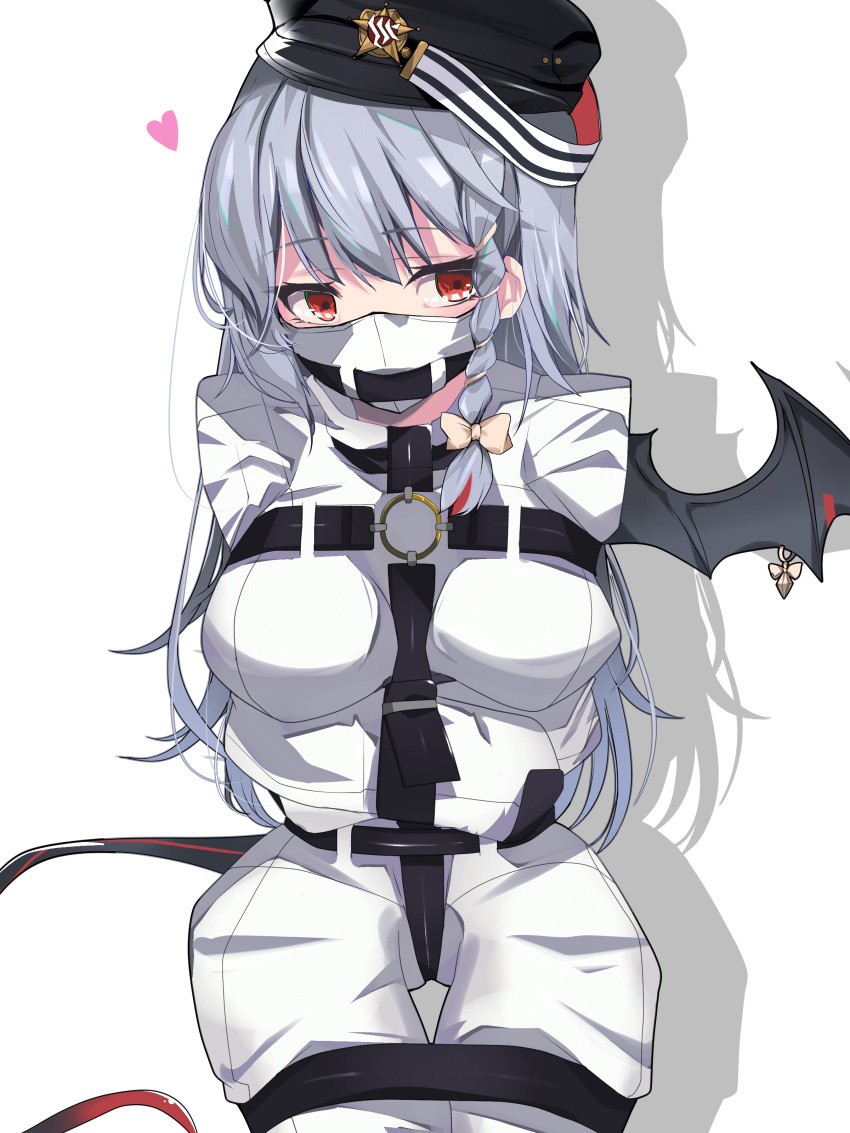 absurdres blue_archive bound bound_arms bound_legs braid crotch_strap demon_tail demon_wings drop_shadow female gag gagged grey_hair haruna_(blue_archive) hat heart highres legion_(fox3498) long_hair mask red_eyes single_braid single_wing solo spoken_heart straitjacket tail wings