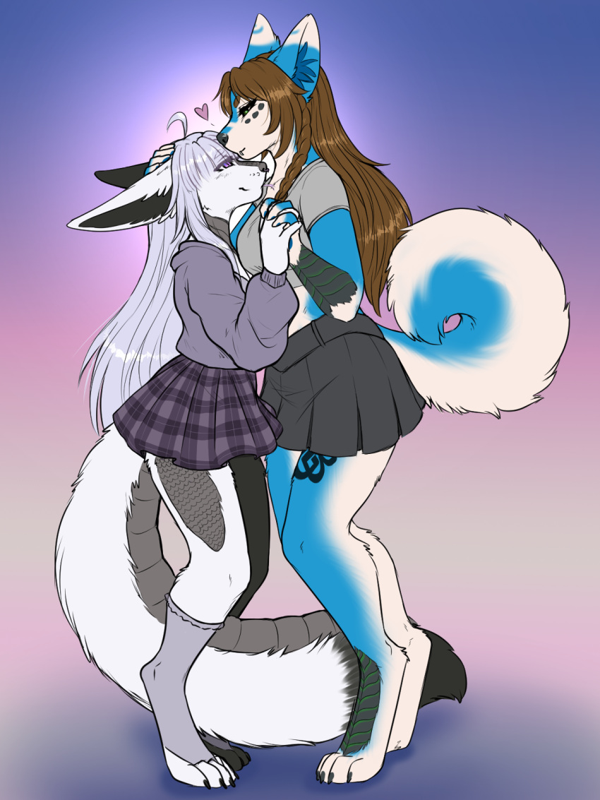 3:4 ajna anthro blue_body blue_fur bottomwear brown_hair canid canine canis clothing cuddling digitigrade domestic_dog duo facial_piercing female female/female fennec_fox forehead_kiss fox fur hair hi_res hug husky hybrid lip_piercing lip_ring long_hair mammal nordic_sled_dog nose_piercing nose_ring piercing ring_piercing sapphic septum_piercing septum_ring silver_hair skirt spitz true_fox