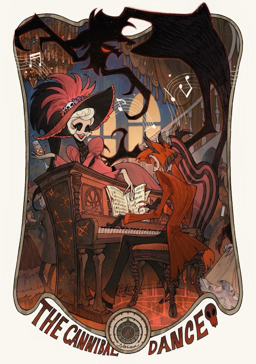 alastor_(hazbin_hotel) demon demon_boy demon_girl dress female hazbin_hotel highres instrument juanmao looking_at_another lying music on_stomach piano playing_instrument playing_piano red_dress red_hair rosie_(hazbin_hotel) suit upright_piano white_hair