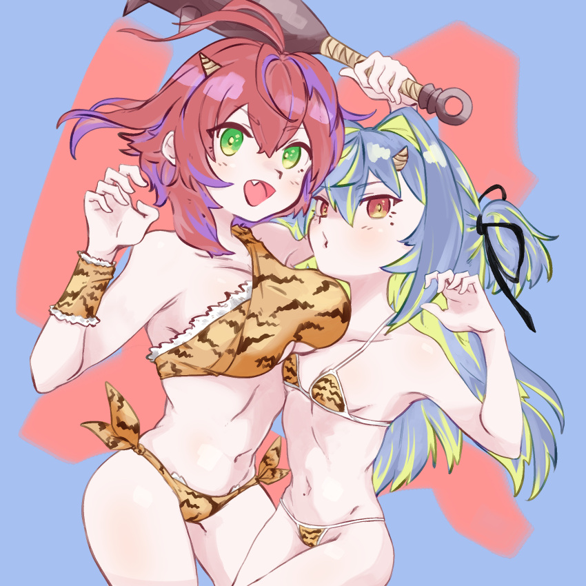 2girls :d akane_canna alternate_costume animal_print antenna_hair arm_up bikini blue_background blue_hair blush breast_on_breast breast_press breasts brown_horns buranka claw_pose club_(weapon) commentary_request cone_horns cowboy_shot fake_horns green_eyes green_hair hair_between_eyes hair_intakes highres holding holding_club holding_weapon horns kanabou long_bangs long_hair looking_at_viewer medium_bangs medium_breasts medium_hair midriff mole mole_on_stomach mole_under_eye multicolored_hair multiple_girls nanashi_inc. navel oerba_yun_fang oni_costume open_mouth print_bikini purple_hair red_background red_hair setsubun single_strap small_breasts small_horns smile spiked_club streaked_hair striped_horns suzumi_nemo swimsuit tiger_print two-tone_background two-tone_hair virtual_youtuber weapon wrist_cuffs