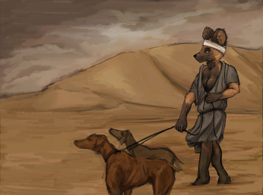 african_golden_wolf anon2000000 anthro canid canine canis clothed clothing desert domestic_dog egyptian egyptian_clothing egyptian_dog egyptian_headdress egyptian_wolf female feral group hi_res humanoid mammal trio