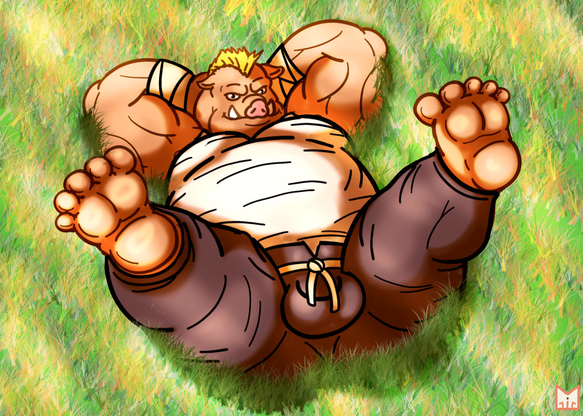 anthro belly bottomwear bulge clothed clothing digital_media_(artwork) feet geld_(that_time_i_got_reincarnated_as_a_slime) grass hi_res humanoid_feet laying_on_grass legs_up looking_at_viewer lying male mammal on_back overweight overweight_male pants plant plantigrade red_panda_mirr shirt simple_background soles solo spread_legs spreading suid suina sus_(pig) that_time_i_got_reincarnated_as_a_slime topwear wild_boar