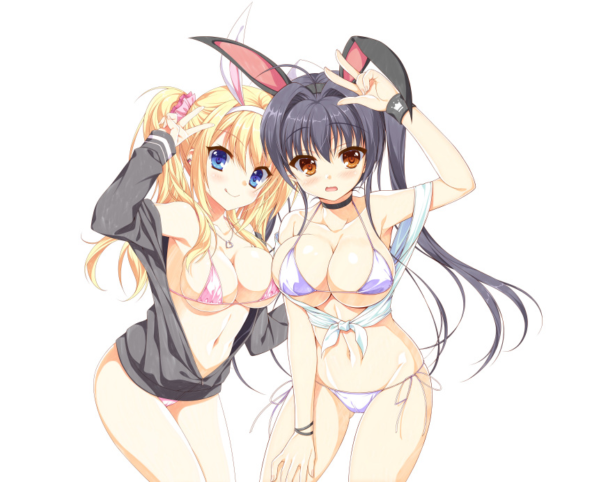 2girls :q absurdres ahoge alternate_costume alternate_hairstyle animal_ears arisue_tsukasa arm_up ass_visible_through_thighs bare_shoulders bikini black_cardigan black_choker black_wrist_cuffs blonde_hair blue_eyes blush breast_press breasts brown_eyes cameltoe cardigan choker closed_mouth collarbone covered_nipples cowboy_shot crown_print curvy ear_piercing eyelashes eyes_visible_through_hair fake_animal_ears fingernails floating_hair frown groin hair_between_eyes hair_intakes hair_ornament hair_scrunchie halterneck hand_on_own_thigh heart heart_necklace highres huge_ahoge huge_breasts jewelry jougasaki_ayaka kin-iro_loveriche kisaki_reina large_breasts long_hair looking_at_viewer midriff multiple_girls navel necklace official_art open_cardigan open_clothes open_mouth piercing pink_scrunchie purple_bikini rabbit_hair_ornament ringed_eyes scrunchie shiny_skin shy side-tie_bikini_bottom side_ponytail sidelocks simple_background single_bare_shoulder sleeves_past_wrists smile stomach swimsuit symmetrical_docking thighs tongue tongue_out toranosuke twintails v v_over_head very_long_hair w white_background wrist_cuffs