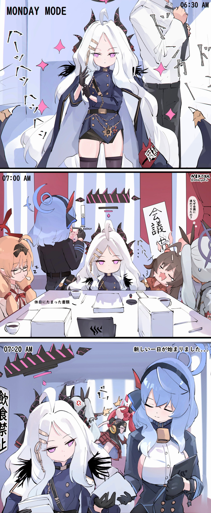 1boy 6+girls absurdly_long_hair absurdres ako_(blue_archive) ass_visible_through_thighs bell black_gloves black_halo black_necktie blonde_hair blue_archive blue_hair breasts brown_hair chinatsu_(blue_archive) closed_eyes commentary_request crying demon_horns demon_wings fighting firing gloves gun hair_ornament hairclip halo hand_up highres hina_(blue_archive) holding holding_gun holding_weapon horns indoors iori_(blue_archive) junko_(blue_archive) kasumi_(blue_archive) long_hair looking_at_another looking_at_viewer multiple_girls neck_bell necktie nekoya_(liu) open_mouth pink_halo prefect_team_(blue_archive) purple_halo red_halo sensei_(blue_archive) sideboob sitting sleeping standing thighhighs thighs translation_request very_long_hair weapon white_hair wings