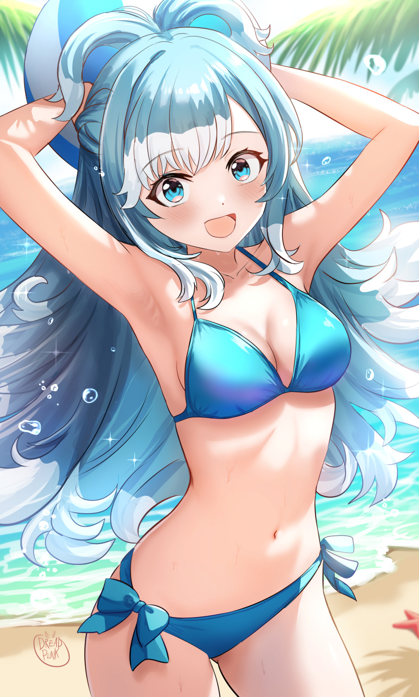 absurdres armpits arms_up ball beach beachball bikini blue_bikini blue_eyes blue_hair breasts cleavage colored_tips cowboy_shot dreadpunk english_commentary female high_ponytail highres holding holding_ball holding_beachball hololive hololive_indonesia kobo_kanaeru long_hair looking_at_viewer medium_breasts multicolored_hair navel ocean open_mouth original outdoors palm_leaf signature smile solo split_ponytail standing starfish swimsuit virtual_youtuber water_drop wet white_hair