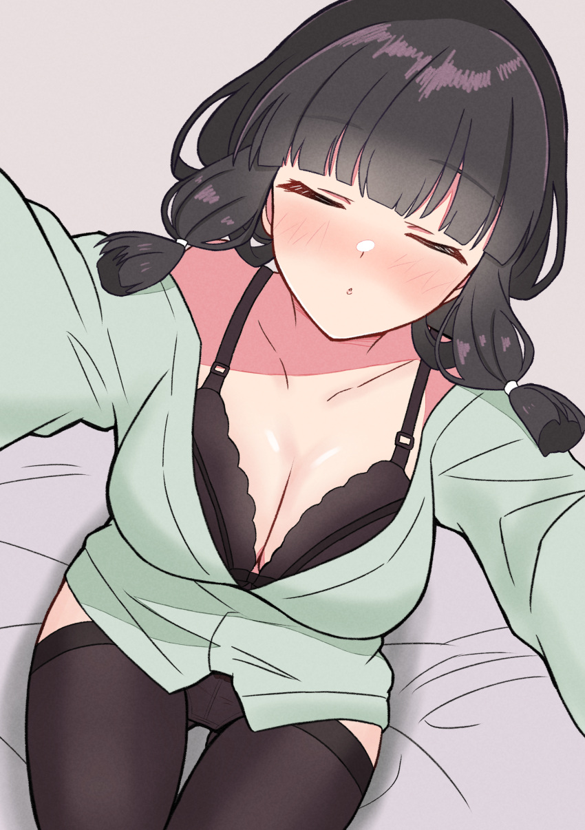 absurdres alternate_costume black_bra black_hair black_panties black_thighhighs blunt_bangs bra braid breasts closed_eyes female fuminomino green_shirt hair_over_shoulder highres kantai_collection kitakami_(kancolle) long_hair long_sleeves medium_breasts off_shoulder panties shirt sidelocks single_braid solo textless_version thighhighs underwear