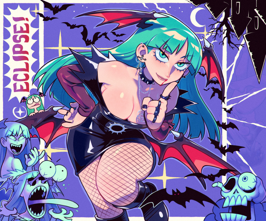 4girls bat_(animal) bat_wings black_footwear black_nails blood blood_from_mouth blood_on_face blue_eyes blue_hair boots breasts castle chibi choker cleavage commentary cosplay crescent cross cross_earrings darkstalkers dress ear_piercing earrings english_commentary fishnets hand_on_own_hip head_wings highres jewelry large_breasts latex latex_dress looking_at_viewer low_wings moon morrigan_aensland morrigan_aensland_(cosplay) multiple_girls nail_polish necklace open_mouth pantyhose pentagram pentagram_necklace piercing red_wings ring skull speedoru spiked_choker spikes surprised tongue tongue_out wings