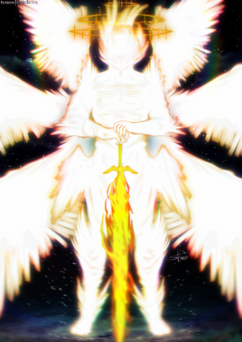 2022 5_fingers 8_wings absurd_res angel ankle_tuft archangel arm_tuft back-wings biblically_accurate_angel biped bluewolfartista calf_tuft cosmic_background elbow_tuft faceless_character feather_tuft feathered_wings feathers fingers fire flaming_sword glowing glowing_body glowing_feathers glowing_halo glowing_wings halo hi_res humanoid leaning_on_sword leg_tuft leg_wings male melee_weapon multi_wing orange_halo scp-001 scp-001_(the_gate_guardian) scp_foundation shoulder_tuft signature solo spiked_halo spread_wings standing sword tuft unusual_wing_placement weapon white_glow winged_humanoid wings