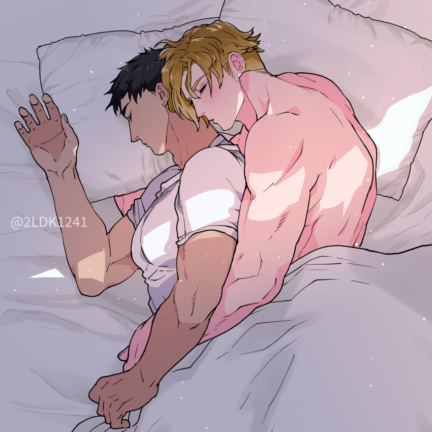 2boys absurdres ao_isami bara black_hair blonde_hair closed_eyes facial_hair highres lewis_smith llld_(2ldk1241) lying male_focus multiple_boys muscular muscular_male on_bed on_side pillow shirt short_hair sideburns_stubble sleeping spooning stubble twitter_username white_shirt yaoi yuuki_bakuhatsu_bang_bravern