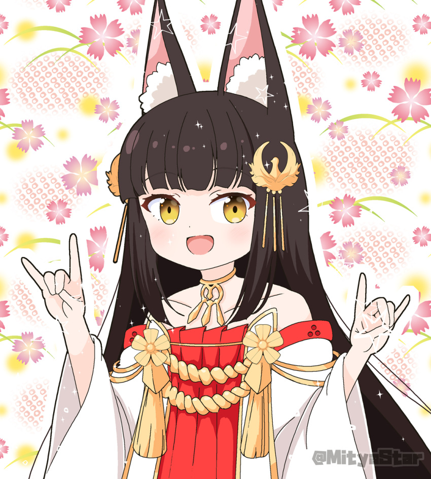 :d animal_ear_fluff animal_ears azur_lane bare_shoulders black_hair brown_eyes collarbone commentary_request detached_sleeves double_fox_shadow_puppet dress female floral_background fox_ears fox_shadow_puppet hair_ornament hands_up highres long_hair long_sleeves looking_at_viewer mitya nagato_(azur_lane) red_dress smile solo strapless strapless_dress twitter_username very_long_hair white_background white_sleeves wide_sleeves yellow_eyes