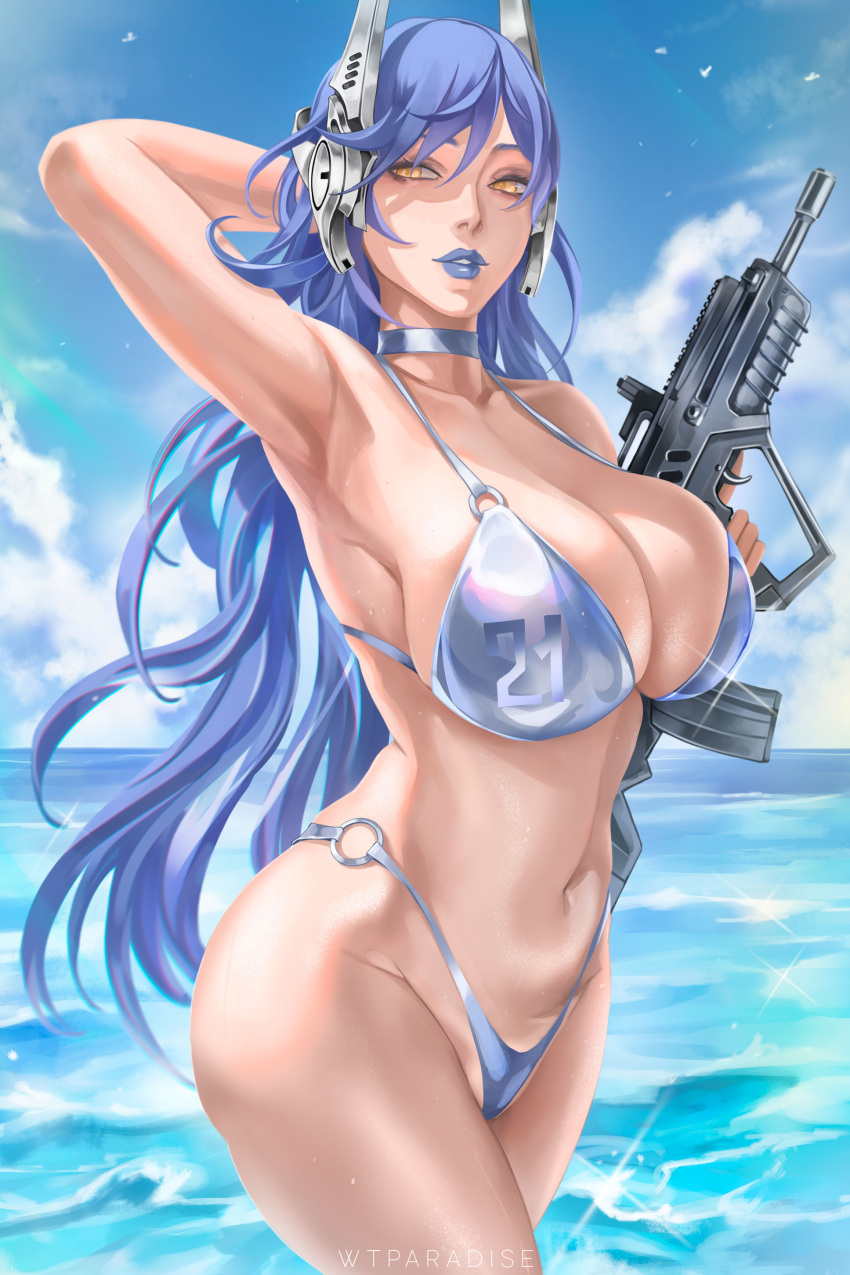 absurdres arm_behind_head arm_up armpits assault_rifle bare_shoulders beach bikini blue_hair blue_lips breasts bullpup cleavage closed_mouth collarbone commission female girls'_frontline gun hair_between_eyes headgear highres holding holding_gun holding_weapon iwi_tavor large_breasts long_hair looking_at_viewer navel numbered o-ring o-ring_bikini o-ring_bottom o-ring_top ocean rifle robot_ears silver_bikini smile solo stomach swimsuit tar-21_(girls'_frontline) thighs very_long_hair weapon wtparadise yellow_eyes