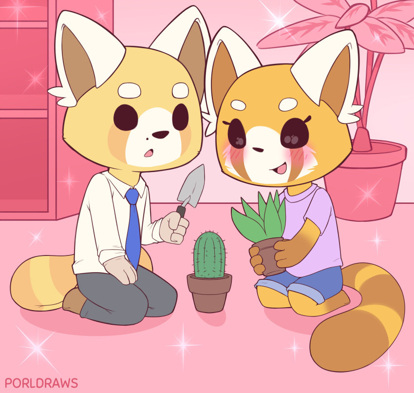 absurd_res aggretsuko ailurid anthro blush cactus clothed clothing duo female hi_res male male/female mammal necktie plant plant_pot porldraws potted_plant red_panda resasuke retsuko sanrio