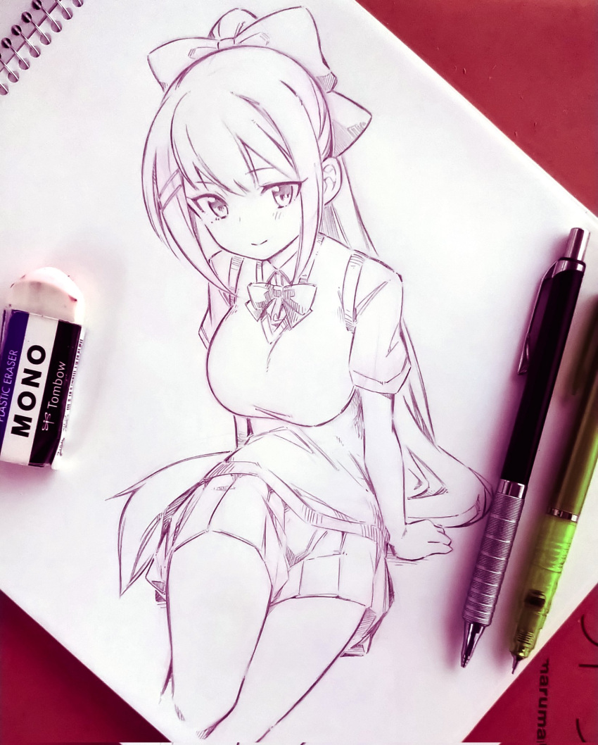 art_tools_in_frame bad_id bad_twitter_id bow bowtie copyright_request eraser female graphite_(medium) hairbow highres inactive_account long_hair looking_at_viewer mechanical_pencil monochrome notebook pencil photo_(medium) ponytail short_sleeves sitting skirt smile solo sweater_vest traditional_media tsukareta_san very_long_hair