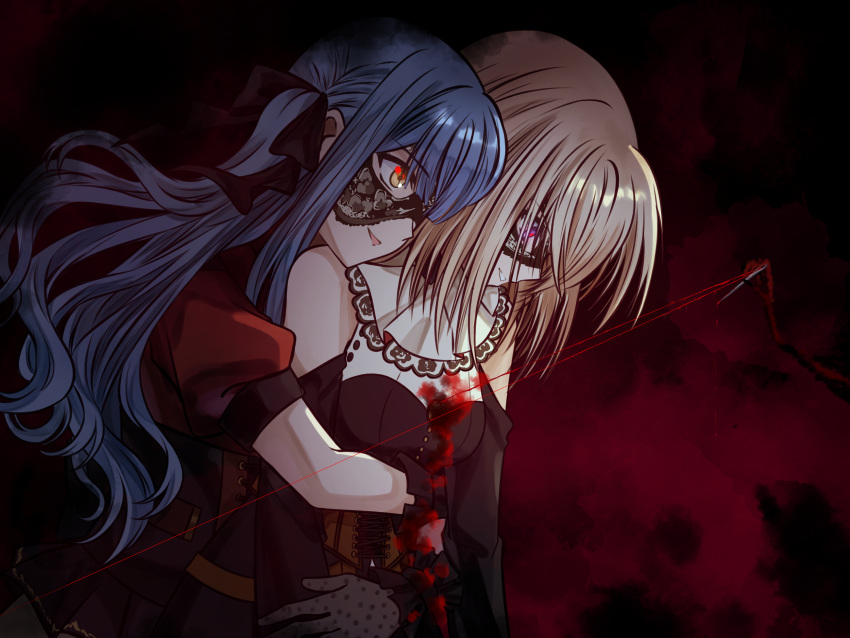 2girls bang_dream! bang_dream!_it's_mygo!!!!! black_corset black_dress black_gloves black_mask black_ribbon blonde_hair blood blue_hair brown_corset clothing_cutout commentary_request corset dress gloves hair_ribbon highres hug hug_from_behind long_hair long_sleeves mask masquerade_mask medium_hair misumi_uika multiple_girls open_mouth puffy_short_sleeves puffy_sleeves purple_eyes red_shirt ribbon seine_(hanamukes) shirt short_sleeves shoulder_cutout sidelocks togawa_sakiko yellow_eyes yuri