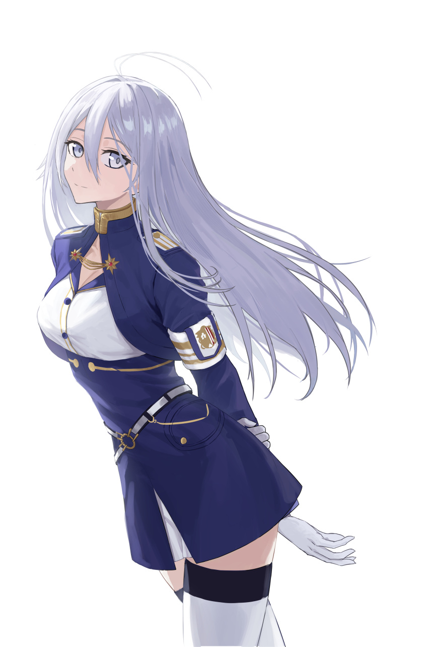 86_-eightysix- absurdres antenna_hair arms_behind_back breasts cleavage closed_mouth female gonplap grey_eyes grey_hair hair_between_eyes highres jacket long_hair long_sleeves looking_at_viewer military military_uniform simple_background smile solo thighhighs very_long_hair vladilena_millize white_background white_thighhighs