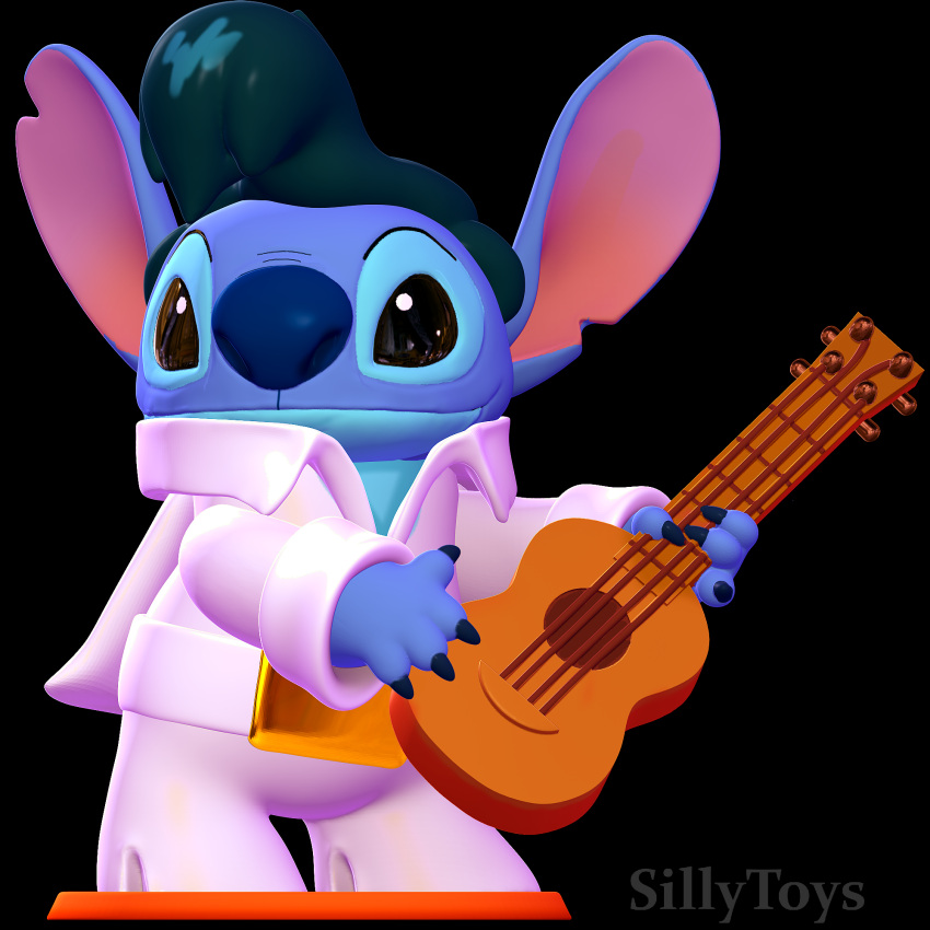 3d_(artwork) 3d_modeling 3d_print acoustic_guitar anthro big_nose blue_body blue_nose claws clothed clothing costume digital_media_(artwork) disney ear_cutout elvis_presley fantasy golden_belt_buckle guitar hi_res lilo_and_stitch male musical_instrument plucked_string_instrument sillytoys simple_background smile solo stitch_(lilo_and_stitch) string_instrument swing white_clothing wig