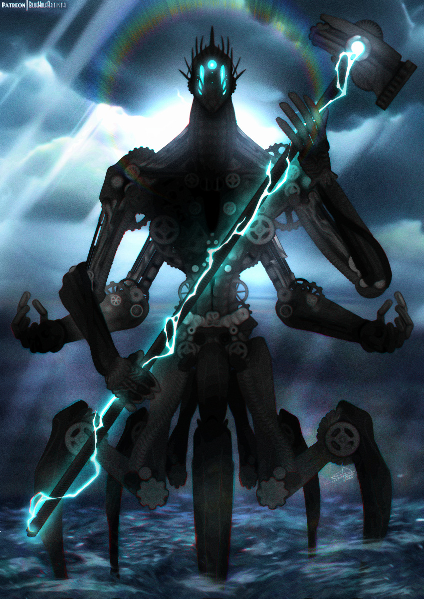 2022 4_arms 5_fingers 5_legs abs absurd_res aureola blue_electricity blue_glow bluewolfartista broad_shoulders cloud cloudy_sky deity electricity fingers front_view gear hammer hi_res holding_hammer holding_melee_weapon holding_object holding_sledgehammer holding_tool holding_weapon light machine male mekhane_(scp_foundation) melee_weapon metal multi_arm multi_leg multi_limb partially_submerged robot scp_foundation sea sky sledgehammer small_waist solo spikes standing standing_in_water sunlight taur tools trapezius water weapon