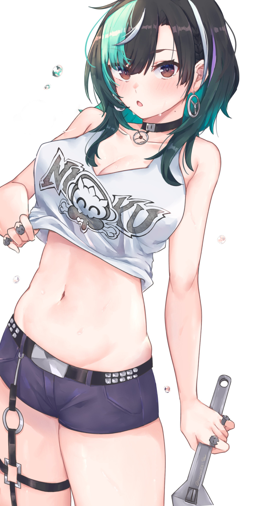 absurdres belt black_belt black_choker black_hair blue_sky breasts brown_hair choker cleavage colored_inner_hair commentary crop_top earrings female green_eyes green_hair highres hirasawa_izumi holding holding_wrench hololive hololive_dev_is jewelry large_breasts looking_at_viewer medium_hair midriff multicolored_hair navel o-ring o-ring_thigh_strap open_mouth parted_bangs purple_hair rindo_chihaya ring short_shorts shorts sidelocks simple_background sky solo streaked_hair symbol-only_commentary tank_top thigh_strap virtual_youtuber white_background white_hair white_tank_top wrench