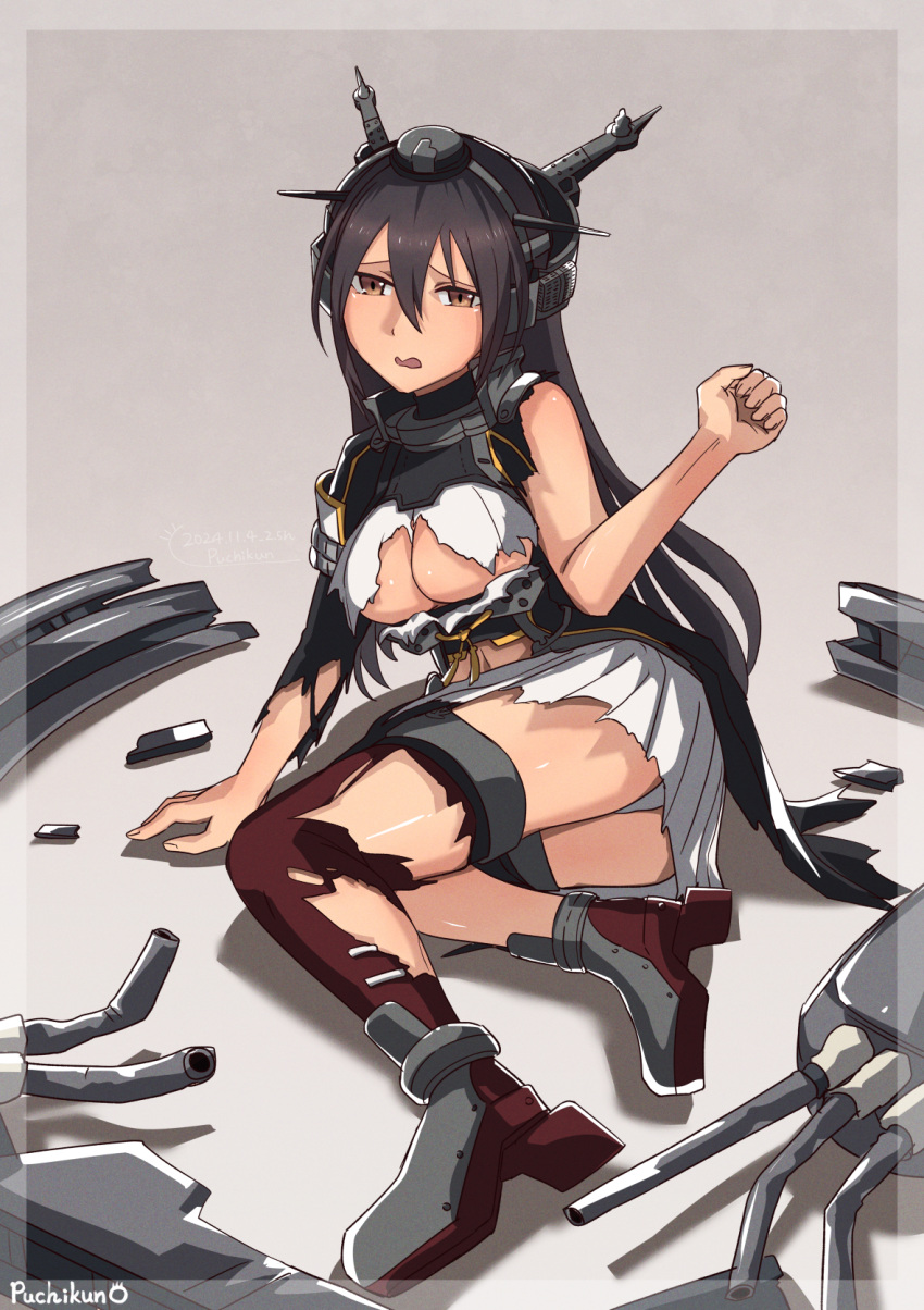 ass black_hair breasts female hair_between_eyes headgear highres kantai_collection large_breasts long_hair nagato_(kancolle) nagato_kai_ni_(kancolle) orange_eyes panties puchikun red_thighhighs rudder_footwear thighhighs torn_clothes torn_thighhighs underwear very_long_hair white_panties